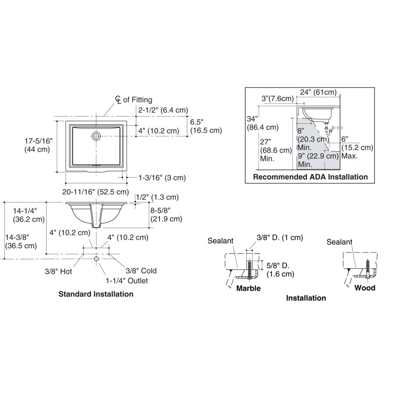K23390,96 Kohler Memoirs® Vitreous China Rectangular Undermount Bathroom Sink with Overflow